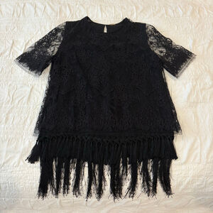 Adam Lippes Black Fringe Lace Short Sleeve Crew Neck Top, size 8 deco designer